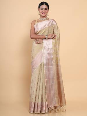 Beige woven art silk saree with blouse 1