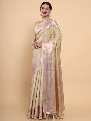 Beige woven art silk saree with blouse 2