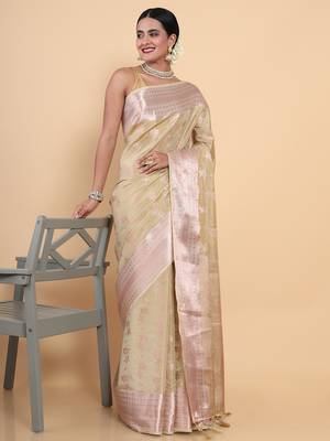 Beige woven art silk saree with blouse 3