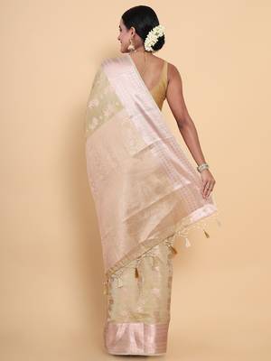Beige woven art silk saree with blouse 4