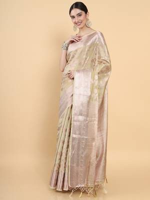 Beige woven art silk saree with blouse 2