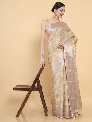 Beige woven art silk saree with blouse 3