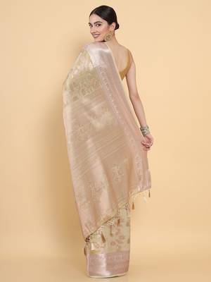 Beige woven art silk saree with blouse 4