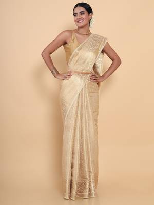 Beige woven art silk saree with blouse 1