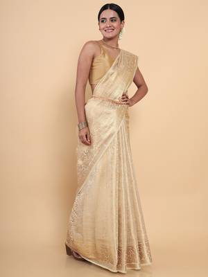 Beige woven art silk saree with blouse 2