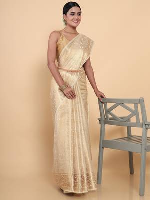 Beige woven art silk saree with blouse 3