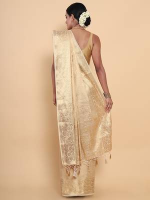 Beige woven art silk saree with blouse 4