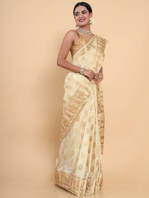 Beige woven art silk saree with blouse 2
