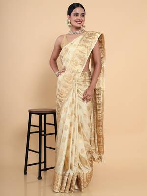 Beige woven art silk saree with blouse 3