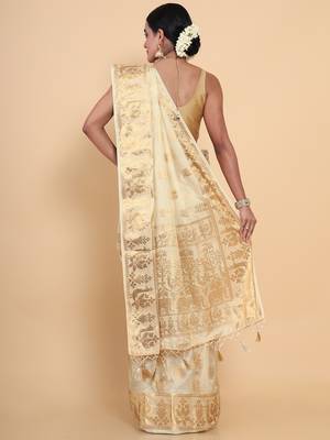 Beige woven art silk saree with blouse 4
