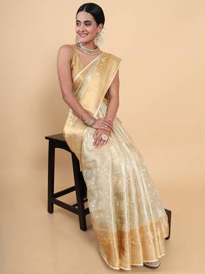 Beige woven art silk saree with blouse 3
