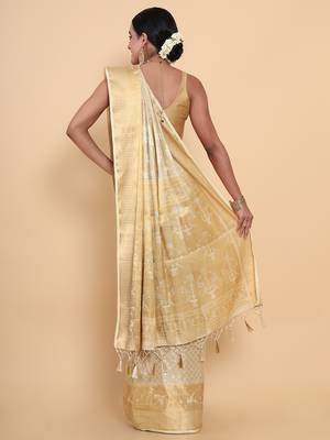 Beige woven art silk saree with blouse 4