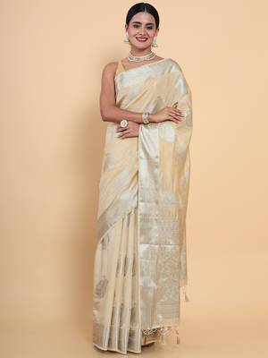 Beige woven art silk saree with blouse 1