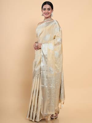 Beige woven art silk saree with blouse 2