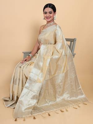 Beige woven art silk saree with blouse 3