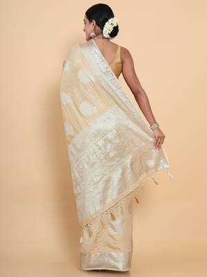 Beige woven art silk saree with blouse 4