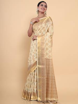 Beige woven art silk saree with blouse 2
