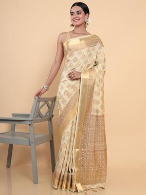 Beige woven art silk saree with blouse 3