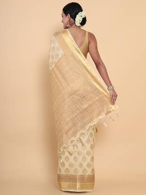 Beige woven art silk saree with blouse 4