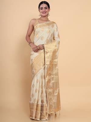 Beige woven art silk saree with blouse 1