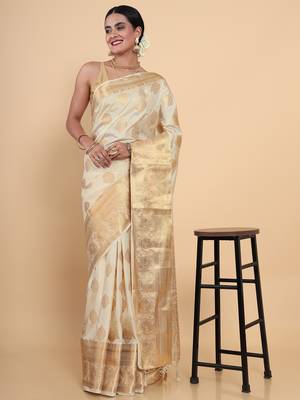 Beige woven art silk saree with blouse 3