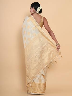 Beige woven art silk saree with blouse 4