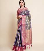 Dark blue woven art silk saree with blouse