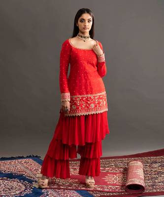Red Samantha Layered Pant Sharara  2