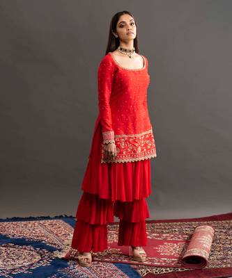 Red Samantha Layered Pant Sharara  3