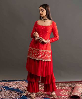 Red Samantha Layered Pant Sharara  4