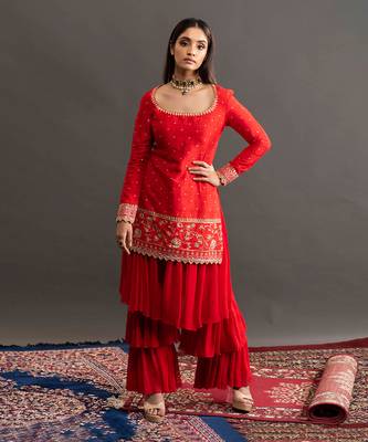 Red Samantha Layered Pant Sharara  1