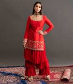 Red Samantha Layered Pant Sharara 