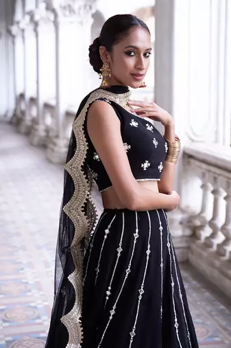 Black Silk Embroidered Lehenga Choli Set