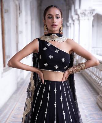 Black Silk Embroidered Lehenga Choli Set 5