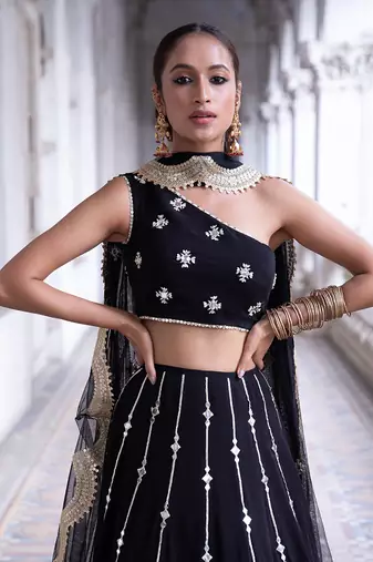 Black Silk Embroidered Lehenga Choli Set