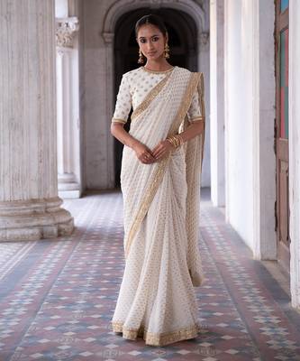 Ivory Georgette Golden Sequin Work Saree 1
