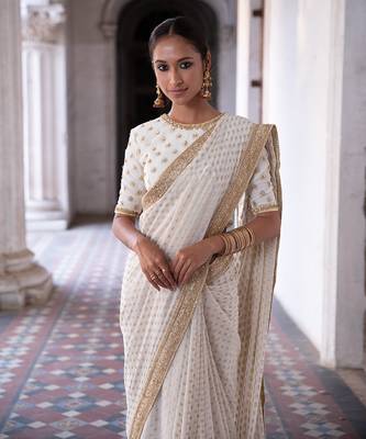Ivory Georgette Golden Sequin Work Saree 2