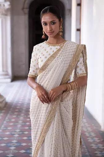 Ivory Georgette Golden Sequin Work Saree