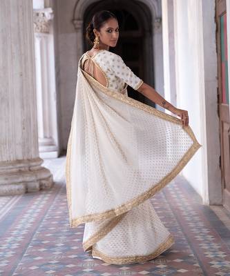 Ivory Georgette Golden Sequin Work Saree 3