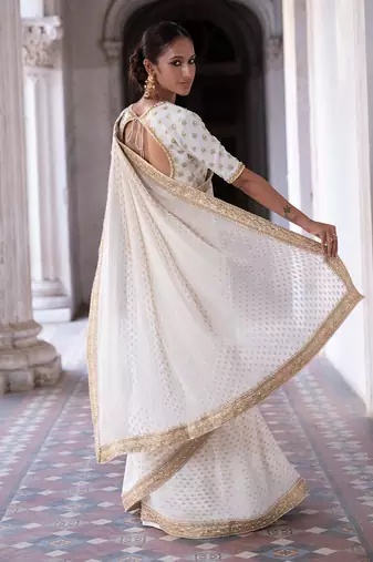 Ivory Georgette Golden Sequin Work Saree