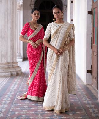 Ivory Georgette Golden Sequin Work Saree 4