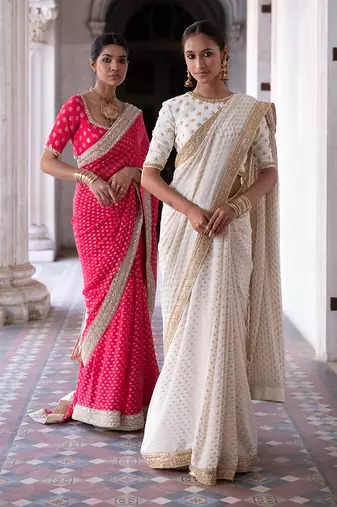 Ivory Georgette Golden Sequin Work Saree