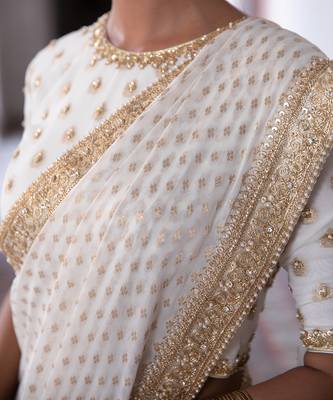 Ivory Georgette Golden Sequin Work Saree 5