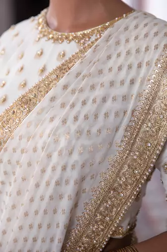 Ivory Georgette Golden Sequin Work Saree