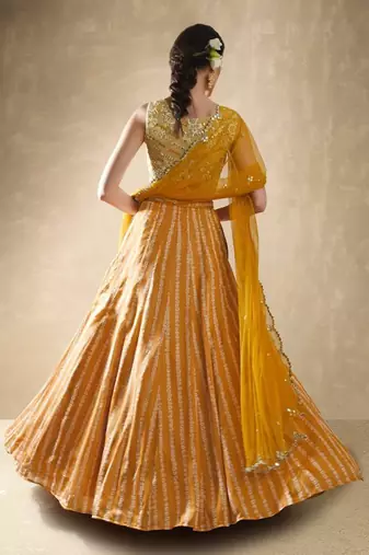 Yellow Crepe Embroidered Stitched Lehenga Choli