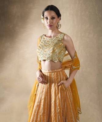 Yellow Crepe Embroidered Stitched Lehenga Choli 3