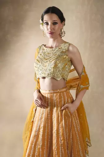 Yellow Crepe Embroidered Stitched Lehenga Choli
