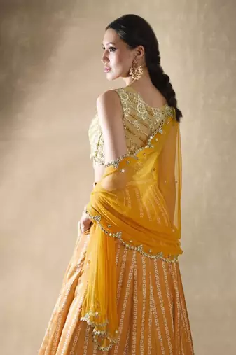 Yellow Crepe Embroidered Stitched Lehenga Choli