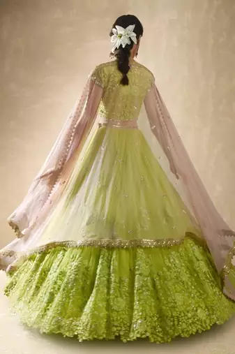 Green Crepe Embroidered Lehenga Choli Set for Women