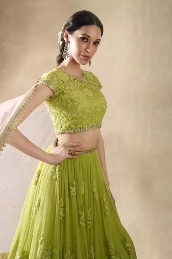 Green Crepe Embroidered Lehenga Choli Set for Women